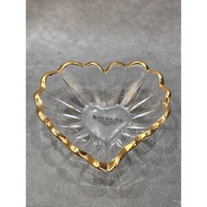 Home Beautiful Crystal Heart Shaped Bowl Gold Trim Scalloped Edge Japan 6 inch